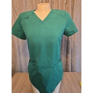 Dickies Balance Scrub Top Womens Sz Sm Green V-Neck Rib Knit Panel Medical EXC